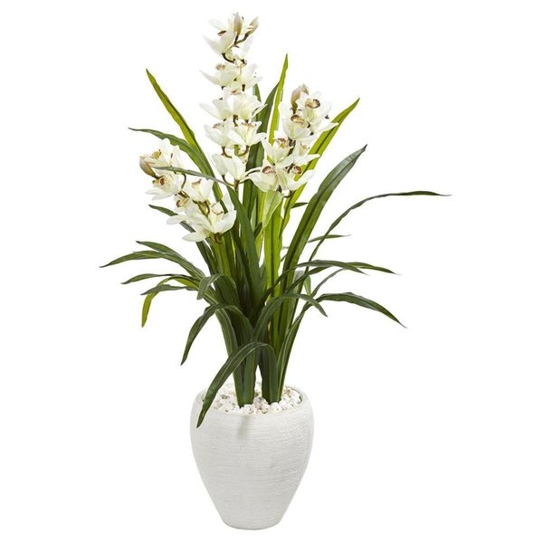 Nearly Naturals 4 in. Cymbidium Orchid Artificial Plant in White Planter 9444